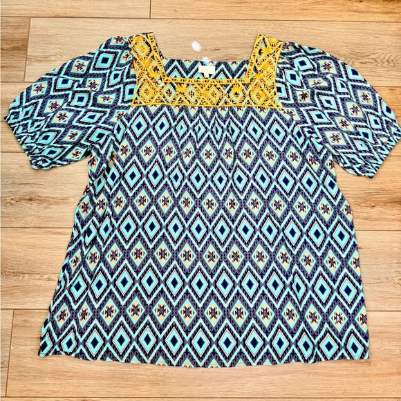 Layers Clothing 2XL NWT Boho Embroidered Geometric Tunic Top Blue Turquoise - Picture 2 of 10